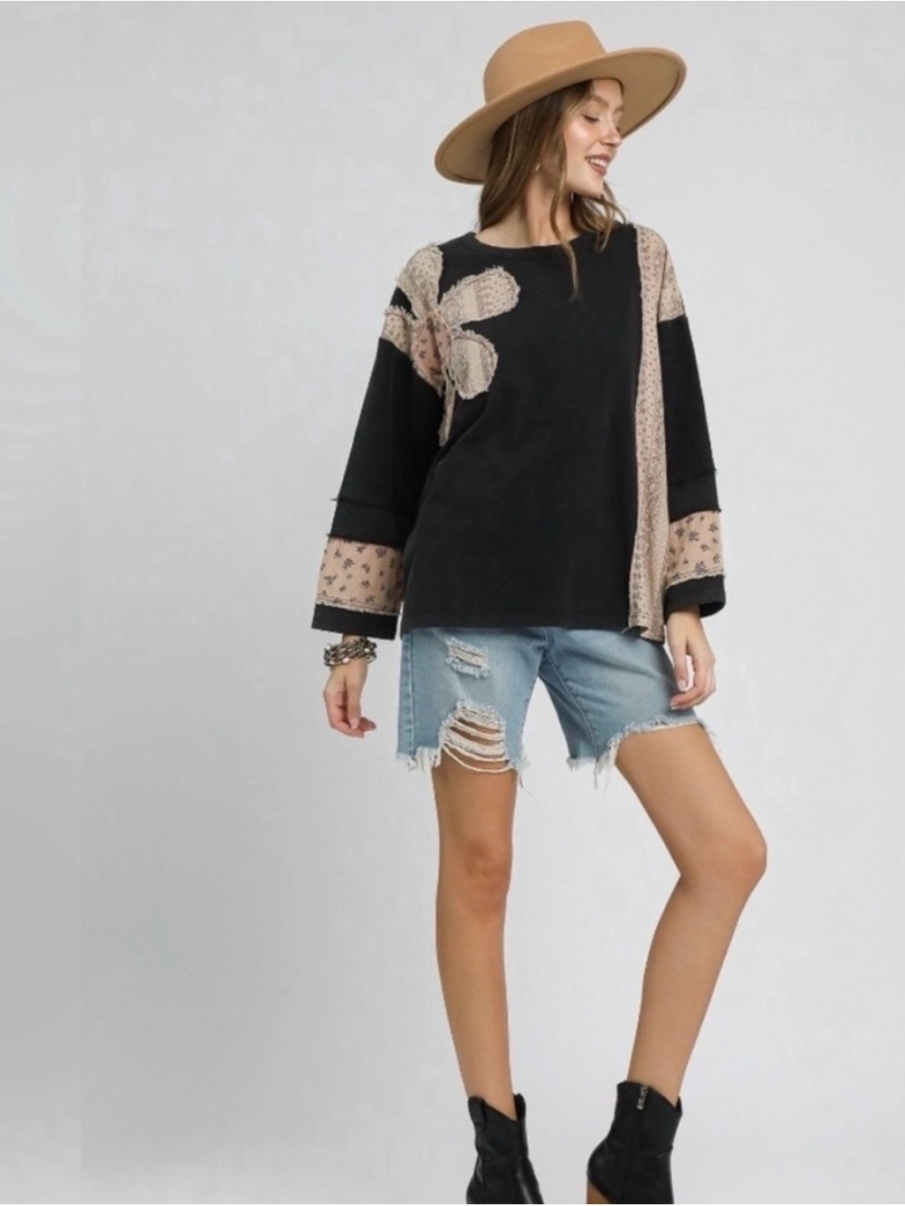 Umgee Mineral Washed Black Sweatshirt with Pink Floral Patchwork - Picture 3 of 16